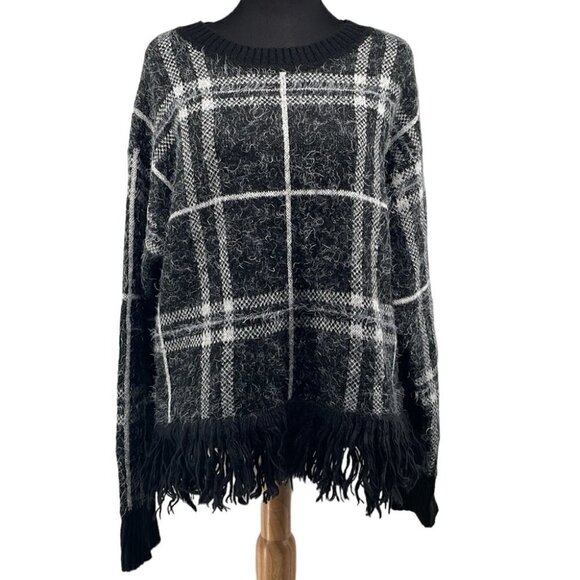 𝅺1. STATE Eyelash Plaid Fringe Sweater warm cozy soft winter vibes sz xl - Picture 1 of 11